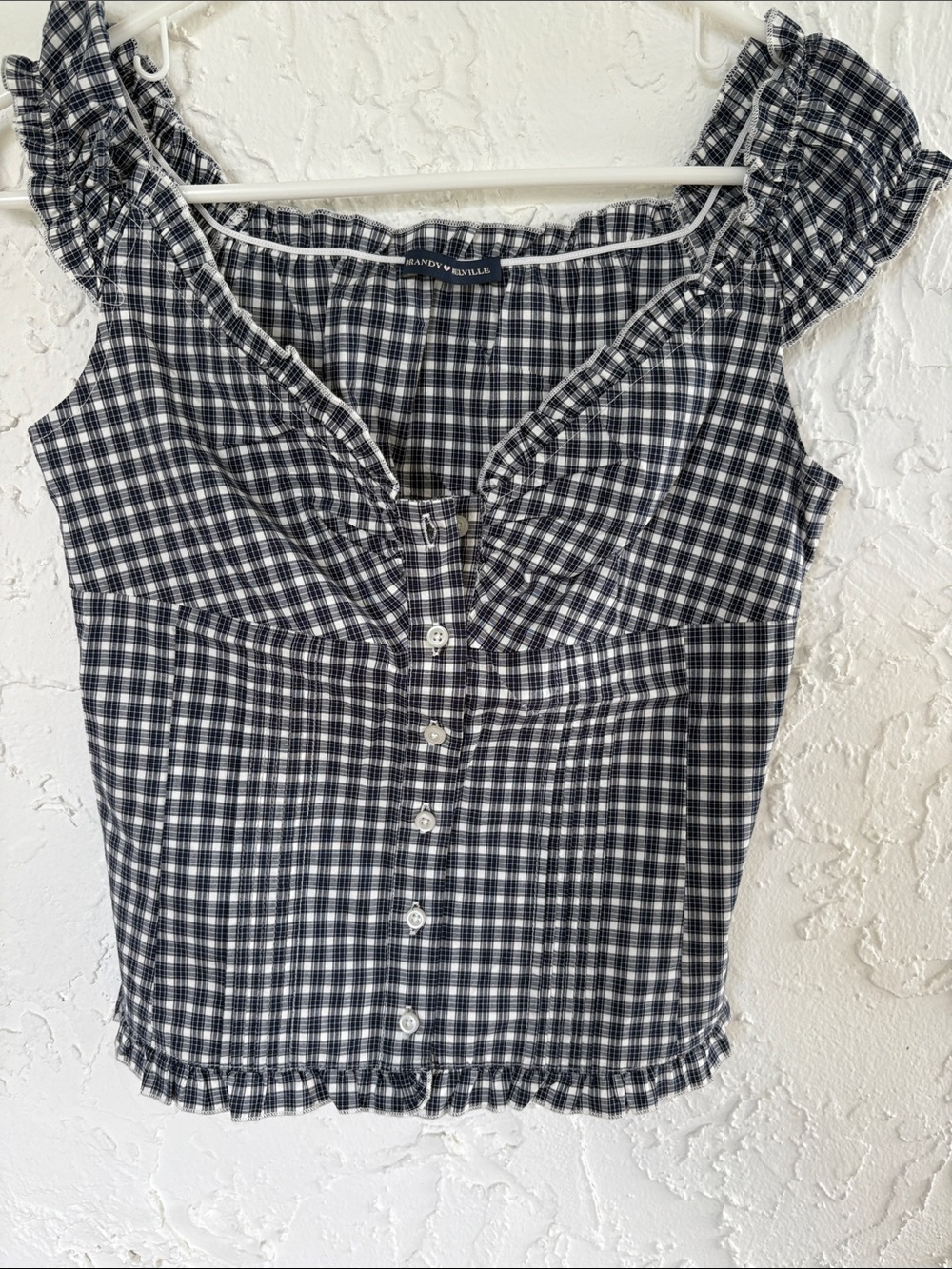 Brandy Melville Black & White Gingham Ruffle Button Tank